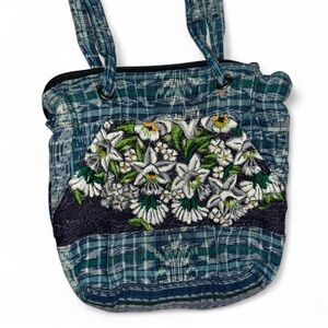 Floral Embroidered Blue Plaid Women's Bag